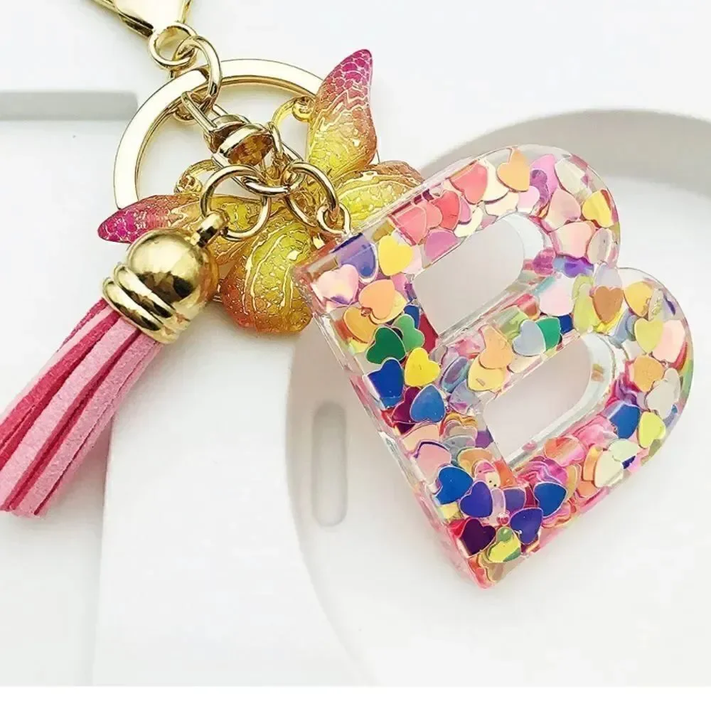 Pink Initials Heart Tassel Keychain